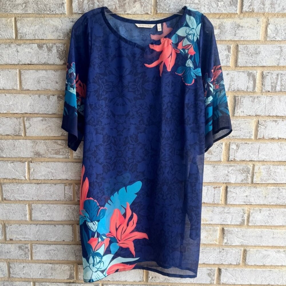 Soft Surroundings V-Neck Short Sleeve Sheer Floral Blouse Women's Size S